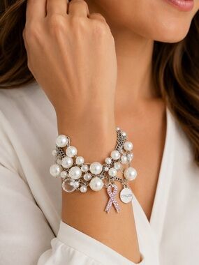Chico’s Swirls of Pearls Faux Pearl Charm Bracelet NWT Pink Ribbon